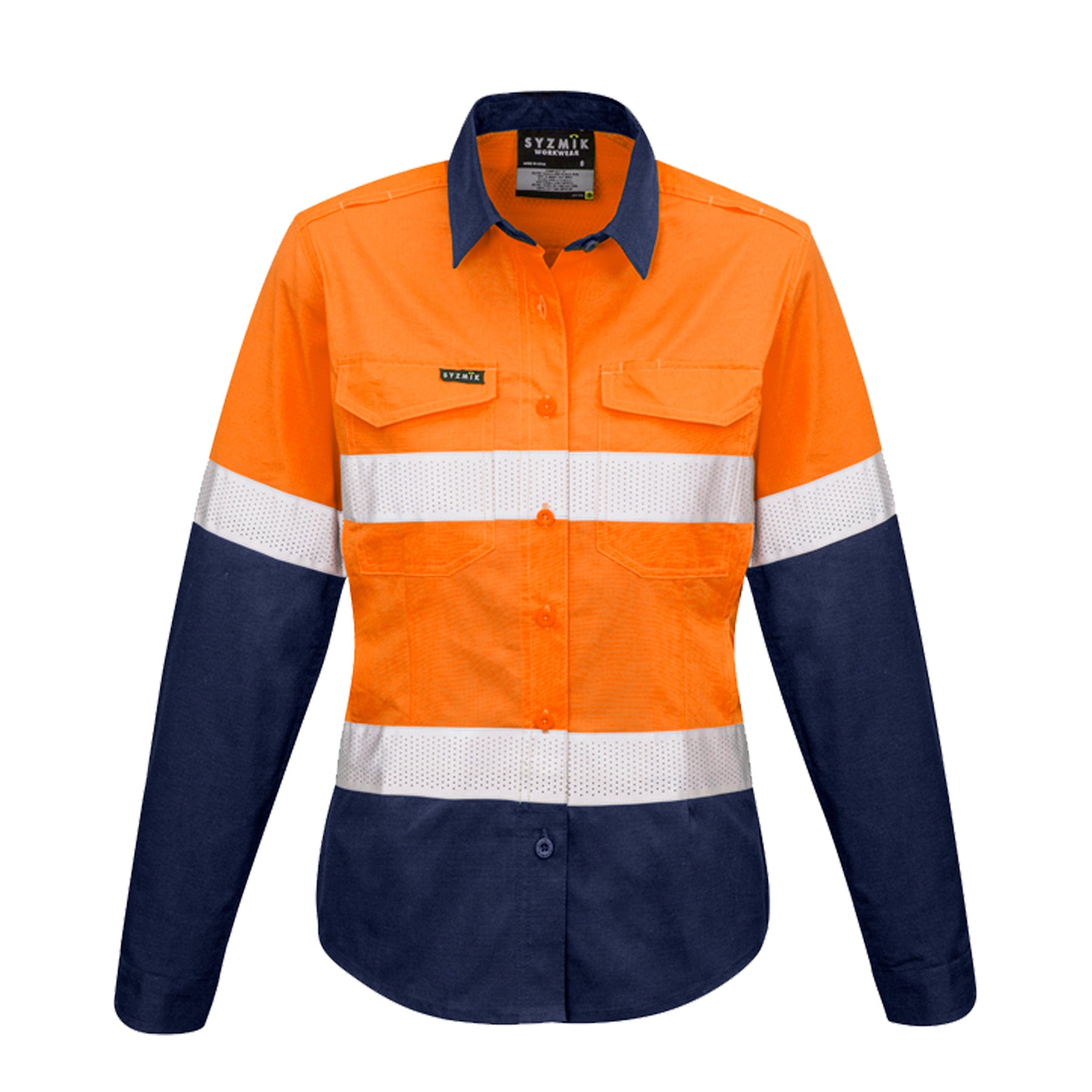 womens rugged cooling taped hi vis spliced long sleeve shirt in orange navy