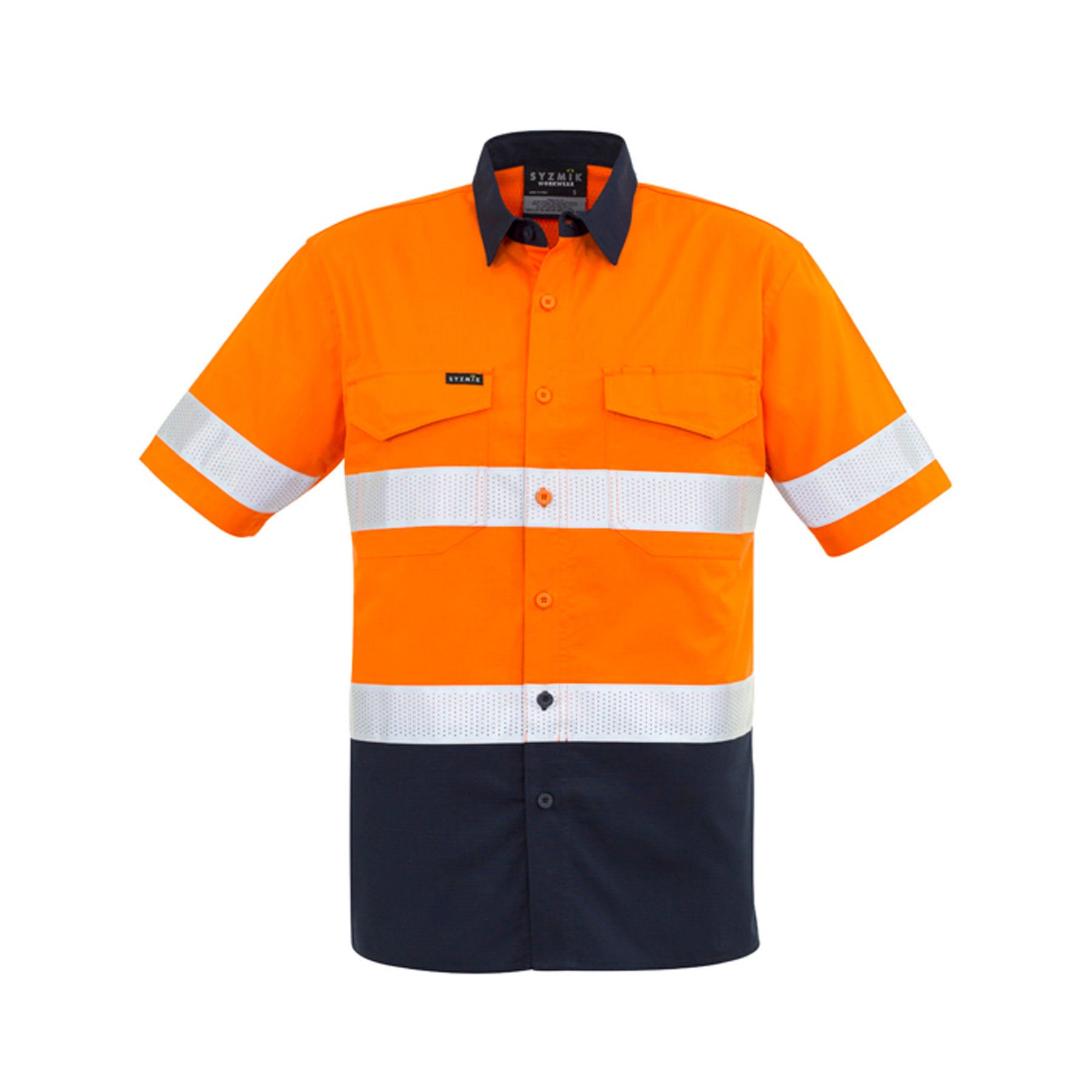 mens rugged cooling taped hi vis spliced short sleeve shirt in orange navy