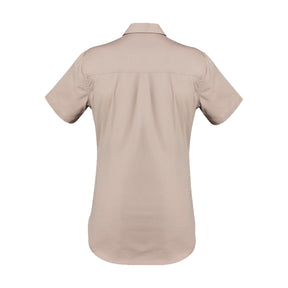back of womens lightweight short sleeve tradie shirt in sand