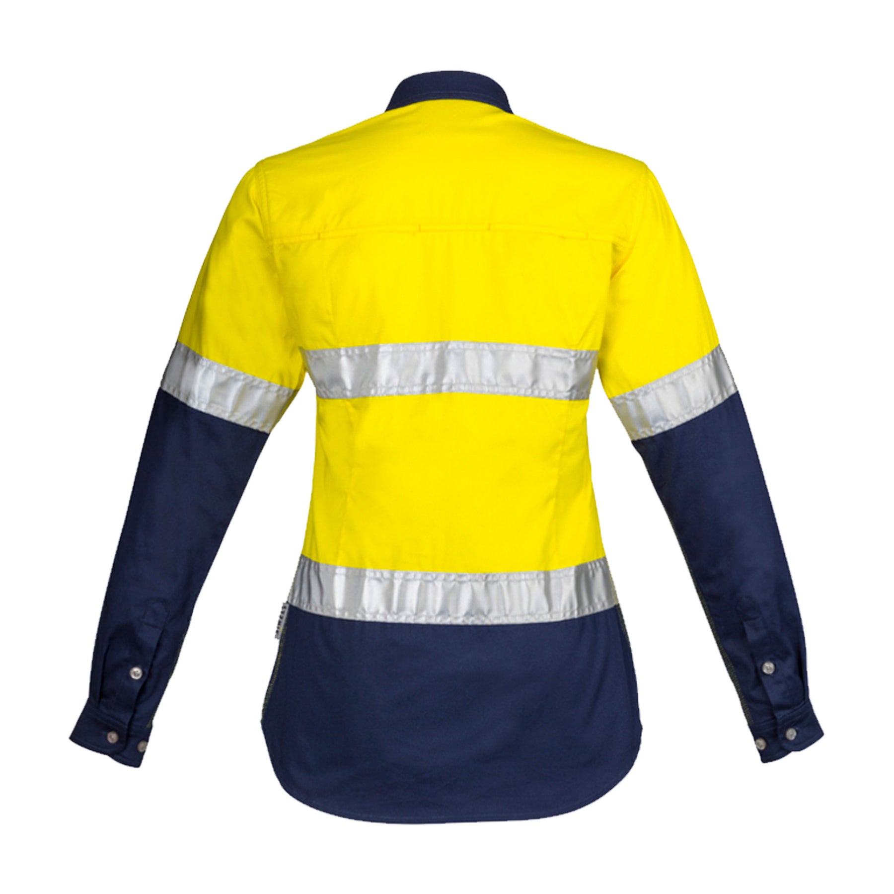 back of womens hi vis long sleeve spliced industrial shirt hoop taped in yellow navy