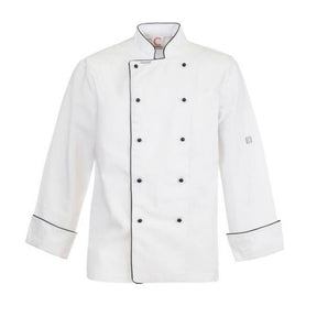 white long sleeve executive chefs jacket with piping