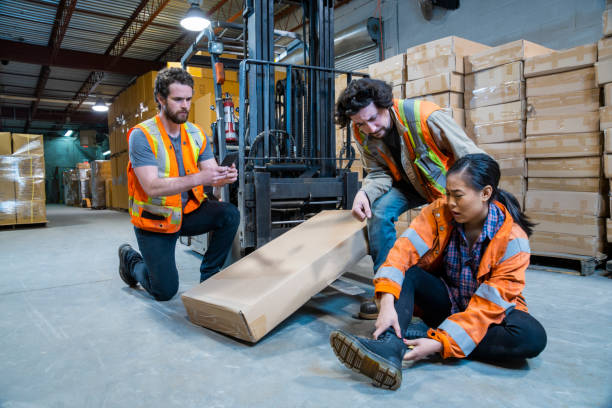 women with foot injury at work