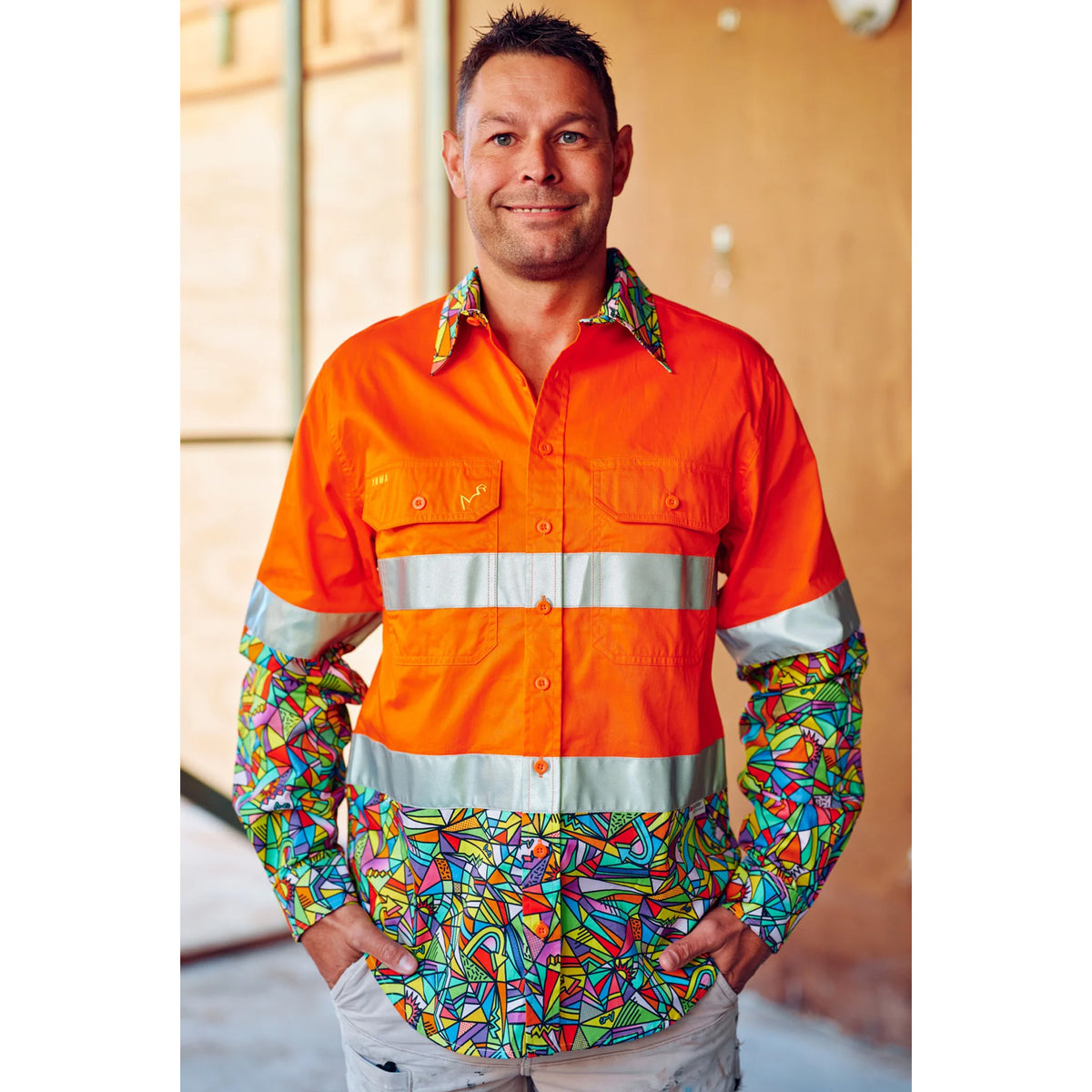 trademutt bonza orange day night hi vis button work shirt