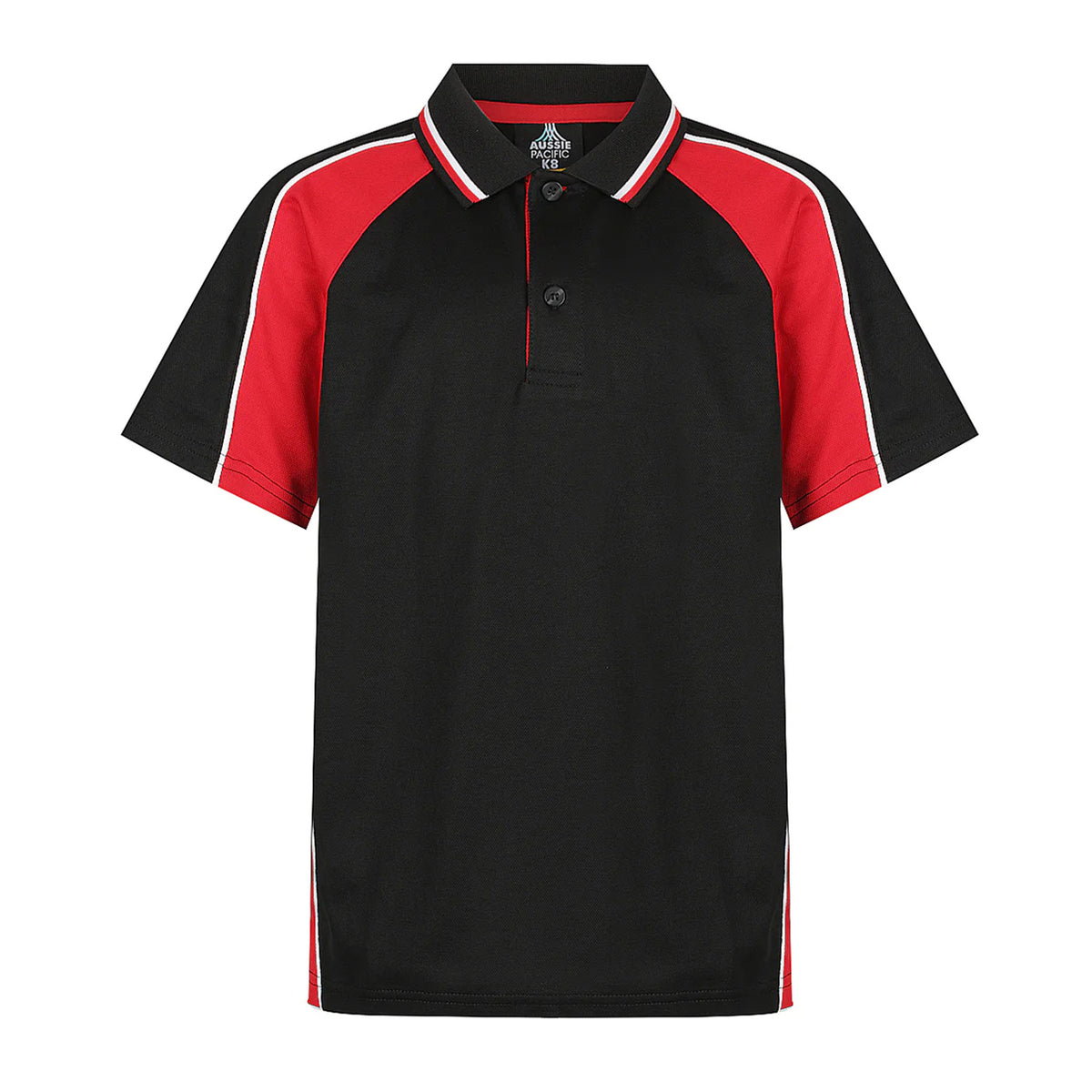 aussie pacific panorama kids polos in black red white