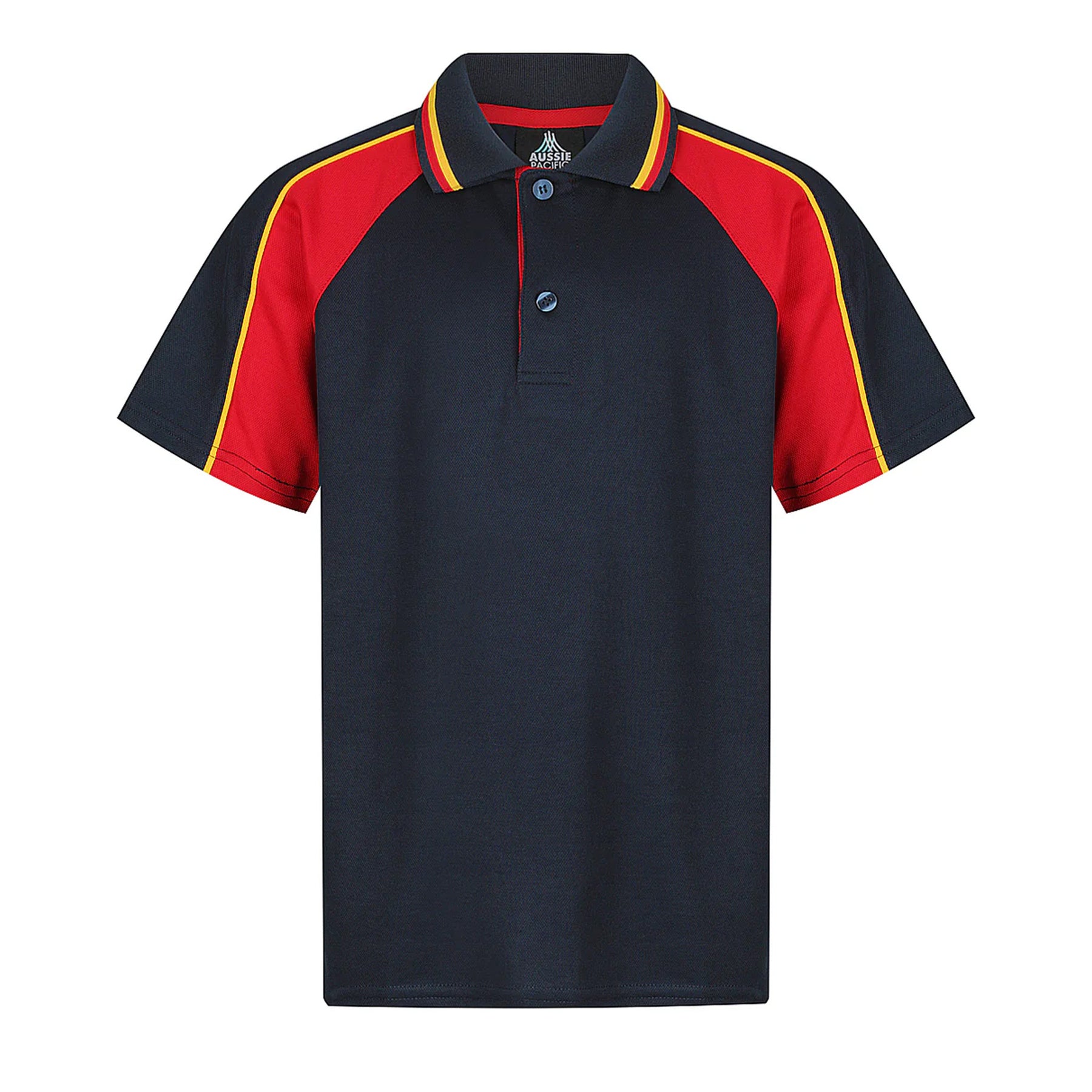 aussie pacific panorama kids polos in navy red gold
