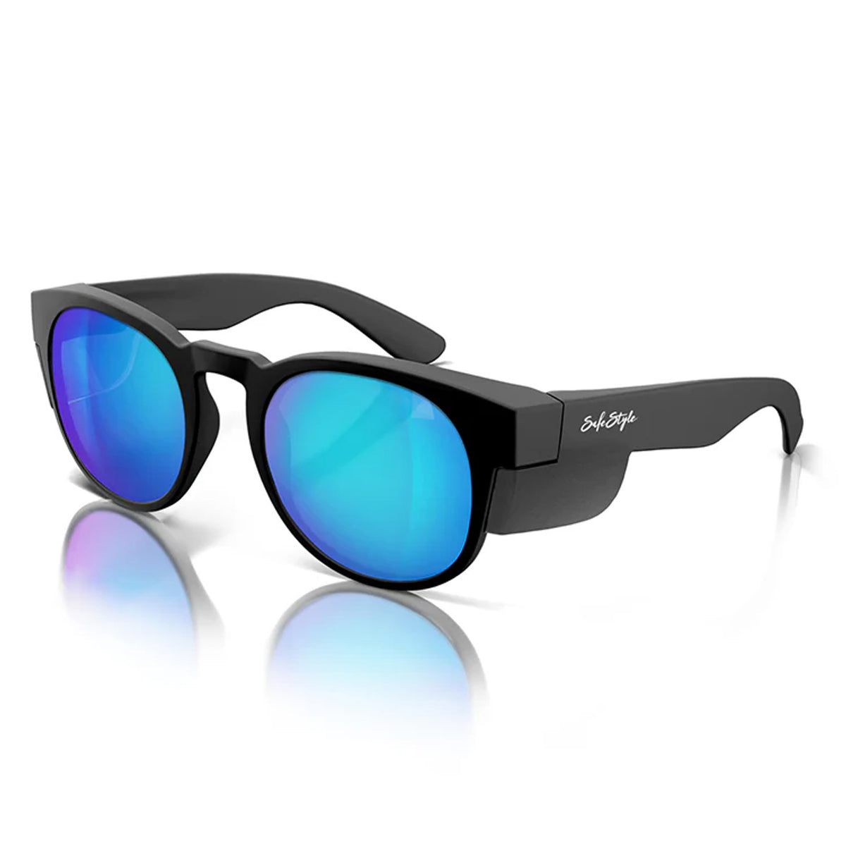 safestyle matte black frame with blue mirror polarised lens