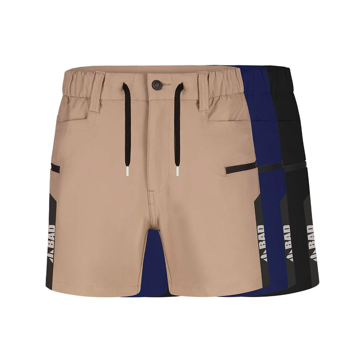 bad next waterproof elastic waist short shorts in khaki, navy and black