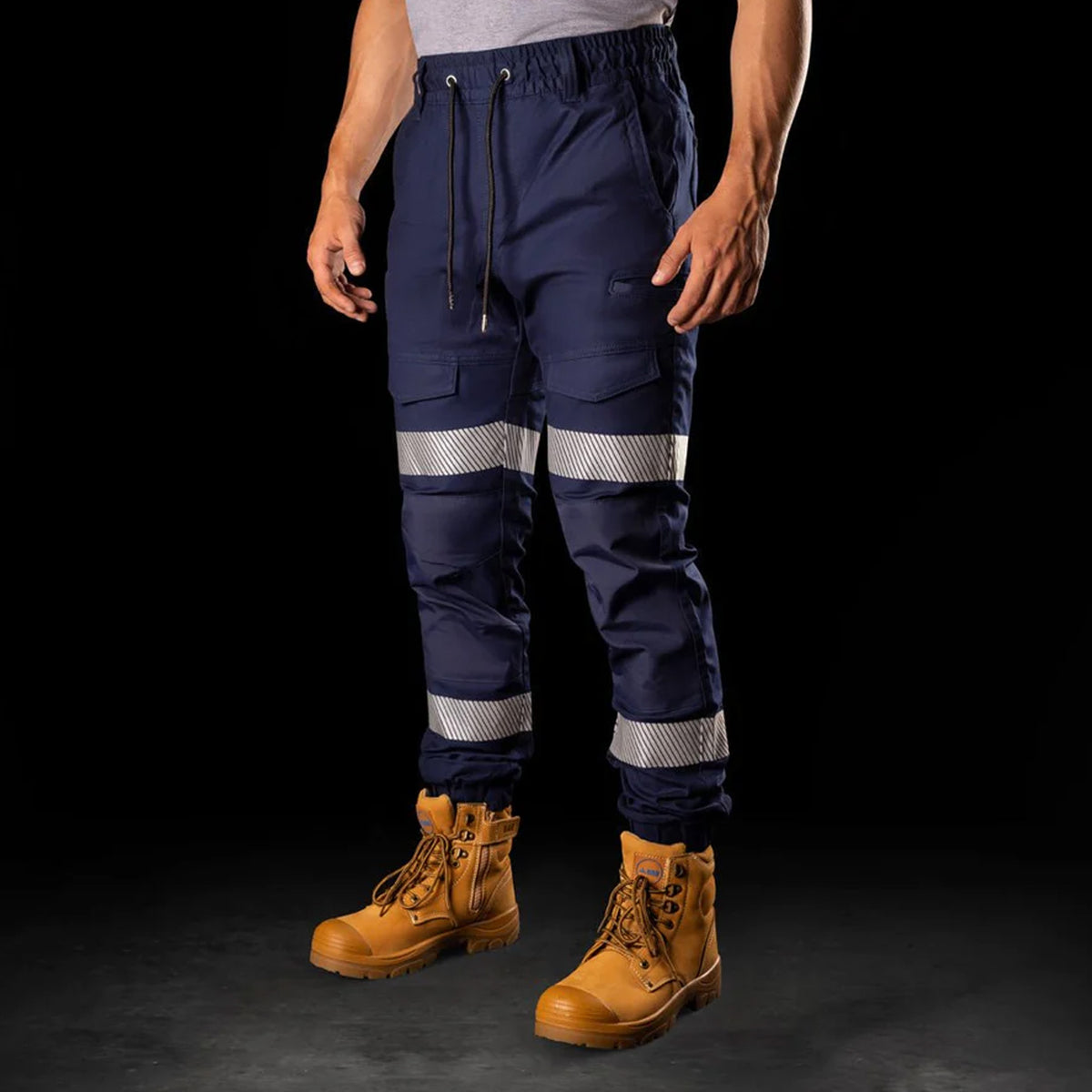 bad workwear saviour elastic waist cuffed work pants with tape in navy