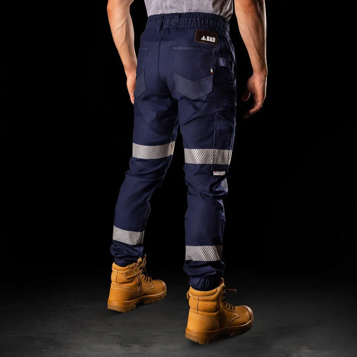 bad workwear saviour elastic waist cuffed work pants with tape in navy