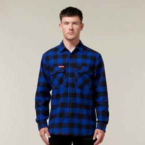 HARD YAKKA LONG SLEEVE CHECK FLANNEL COTTON WORK SHIRT IN BLUE