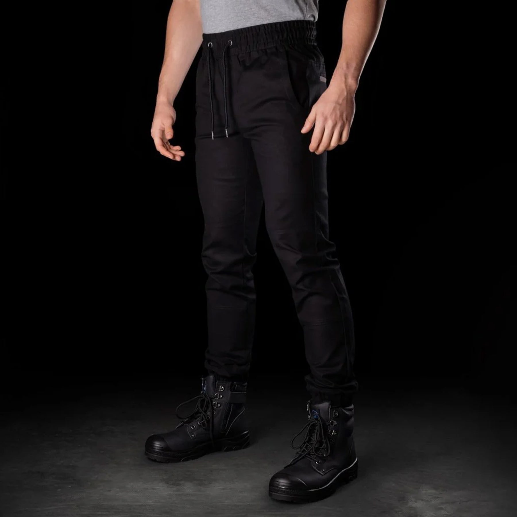 bad workwear elastic waist cuffed chino pant in black
