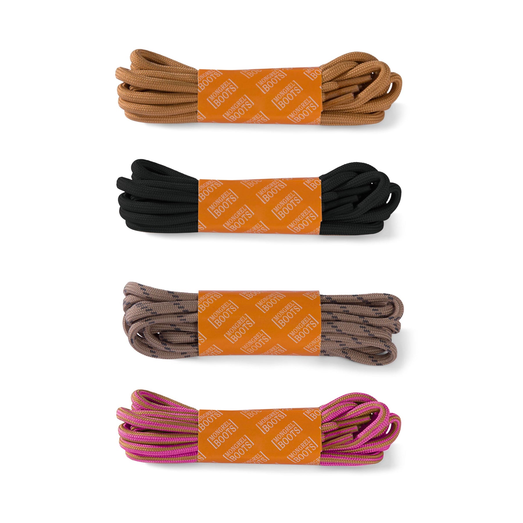 mongrel laces in black, wheat, stone and pink