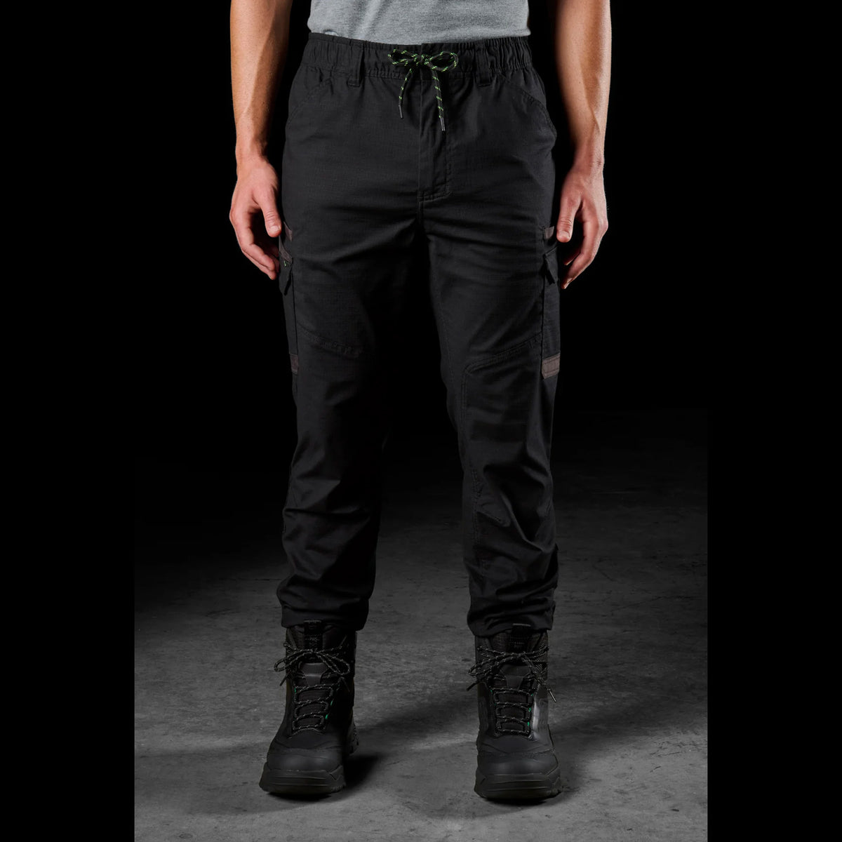 fxd cuffed elastic waist stretch ripstop work pants in black