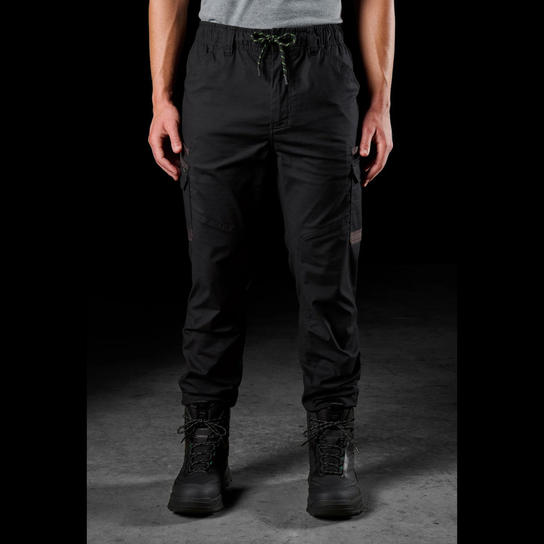 fxd cuffed elastic waist stretch ripstop work pants in black