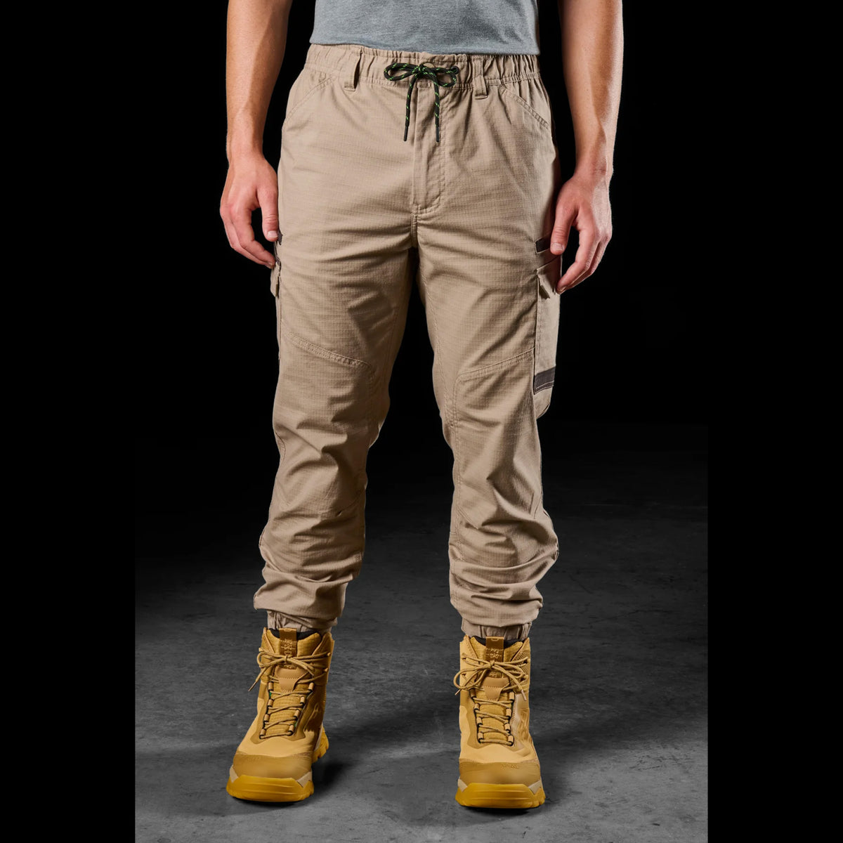 fxd cuffed elastic waist stretch ripstop work pants in khaki
