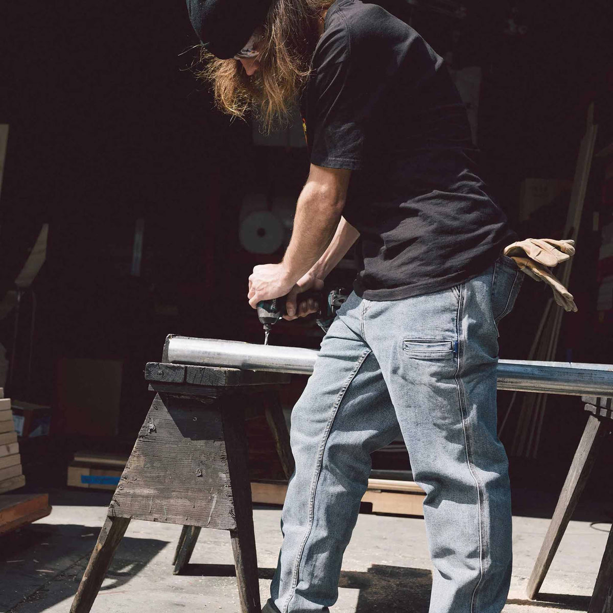 xdmg denim work pant in light blue denim