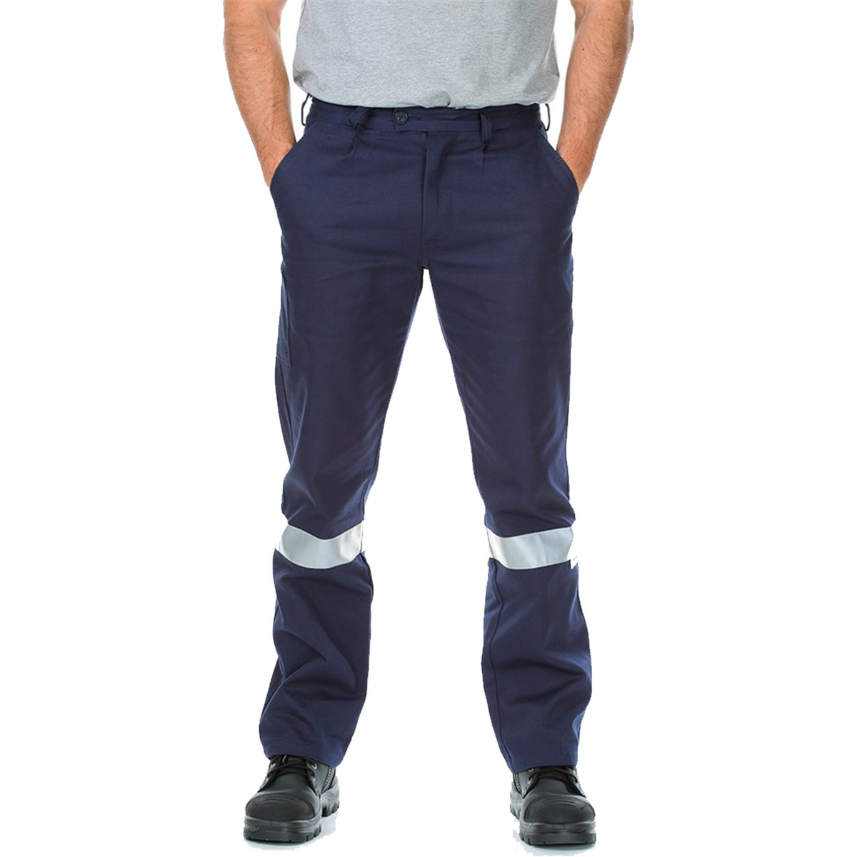 regular cotton drill work pants with reflective tape in navy