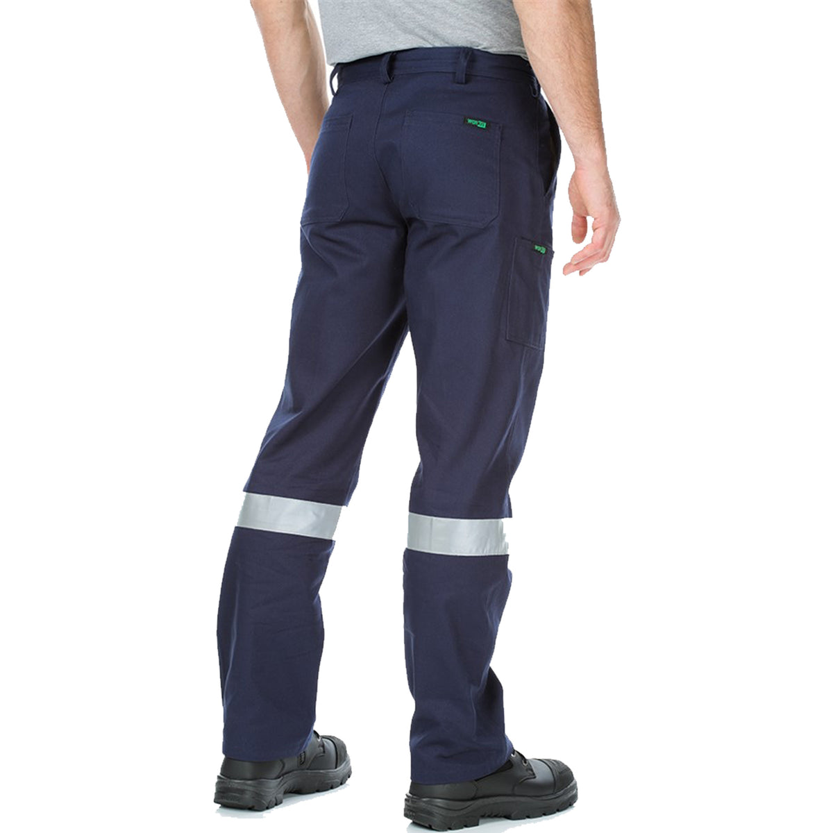 back of regular cotton drill work pants with reflective tape in navy