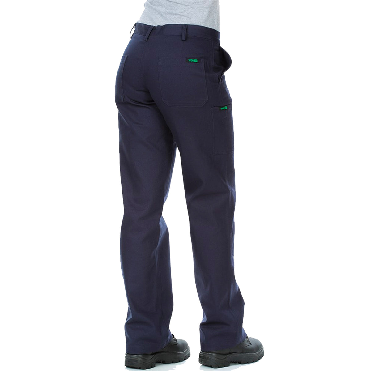 back of ladies cotton drill work pants in navy