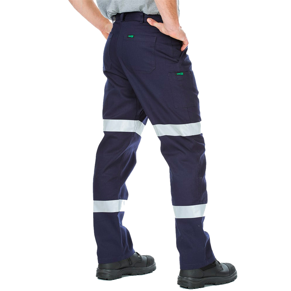 back of cotton drill work pants with double 3m reflective tape