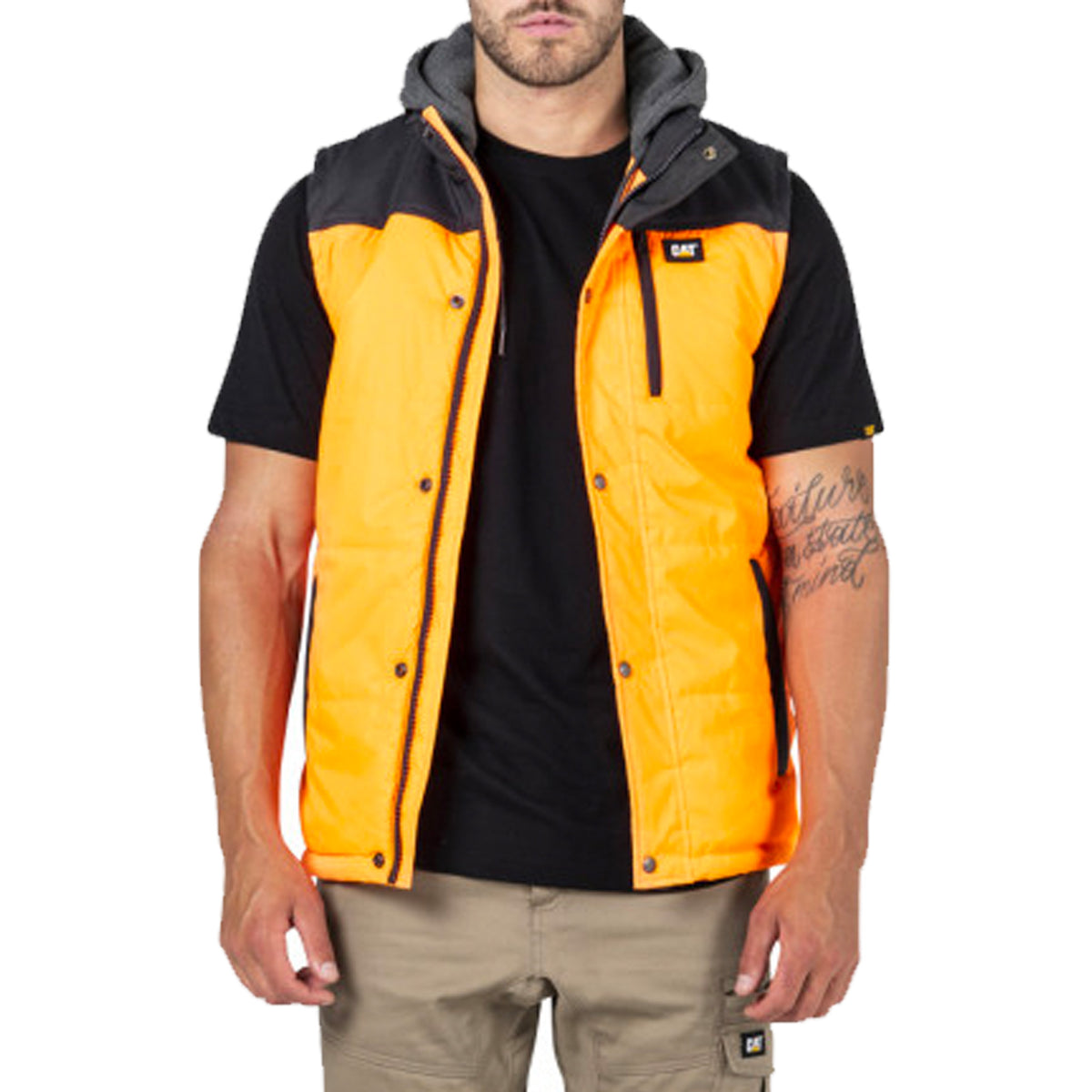 hi vis hooded work vest in orange dark shadow