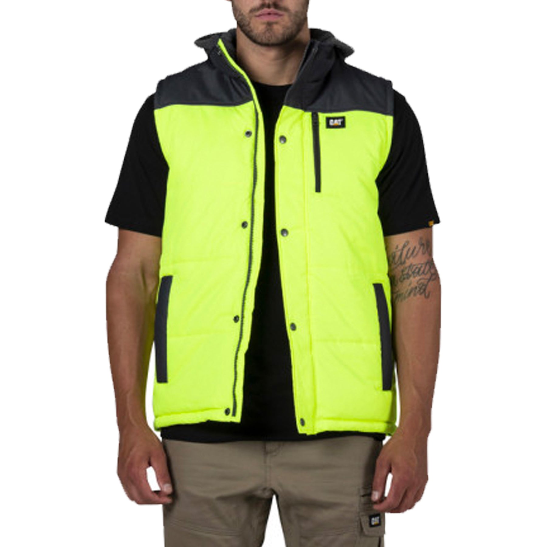 hi vis hooded work vest in yellow dark shadow