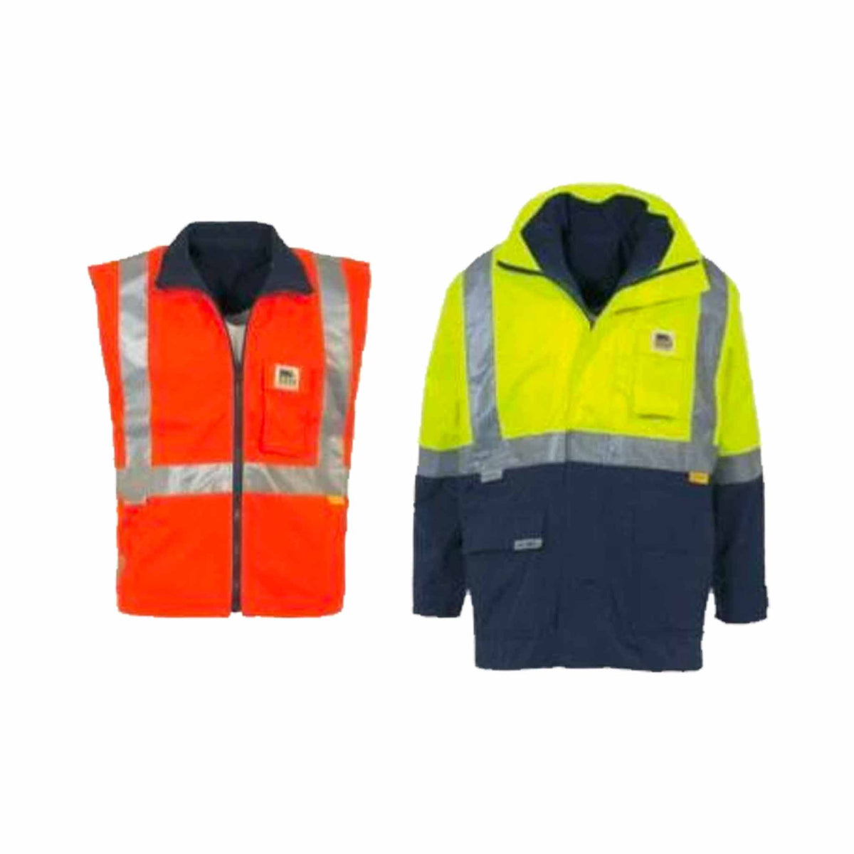 yellow/navy orange/navy jacket vest combination