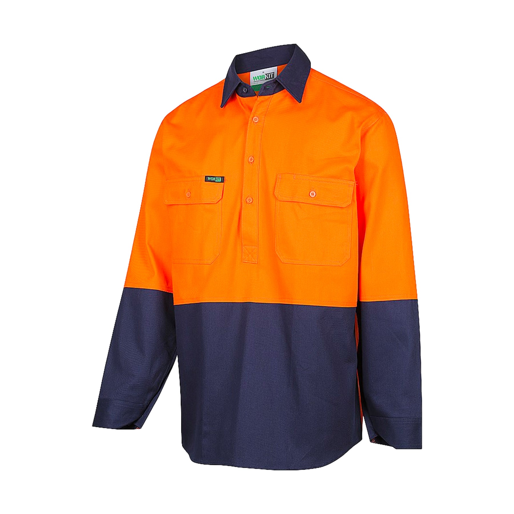 hi vis two tone dual weight half closed gusset cuff drill shirt in orange navy