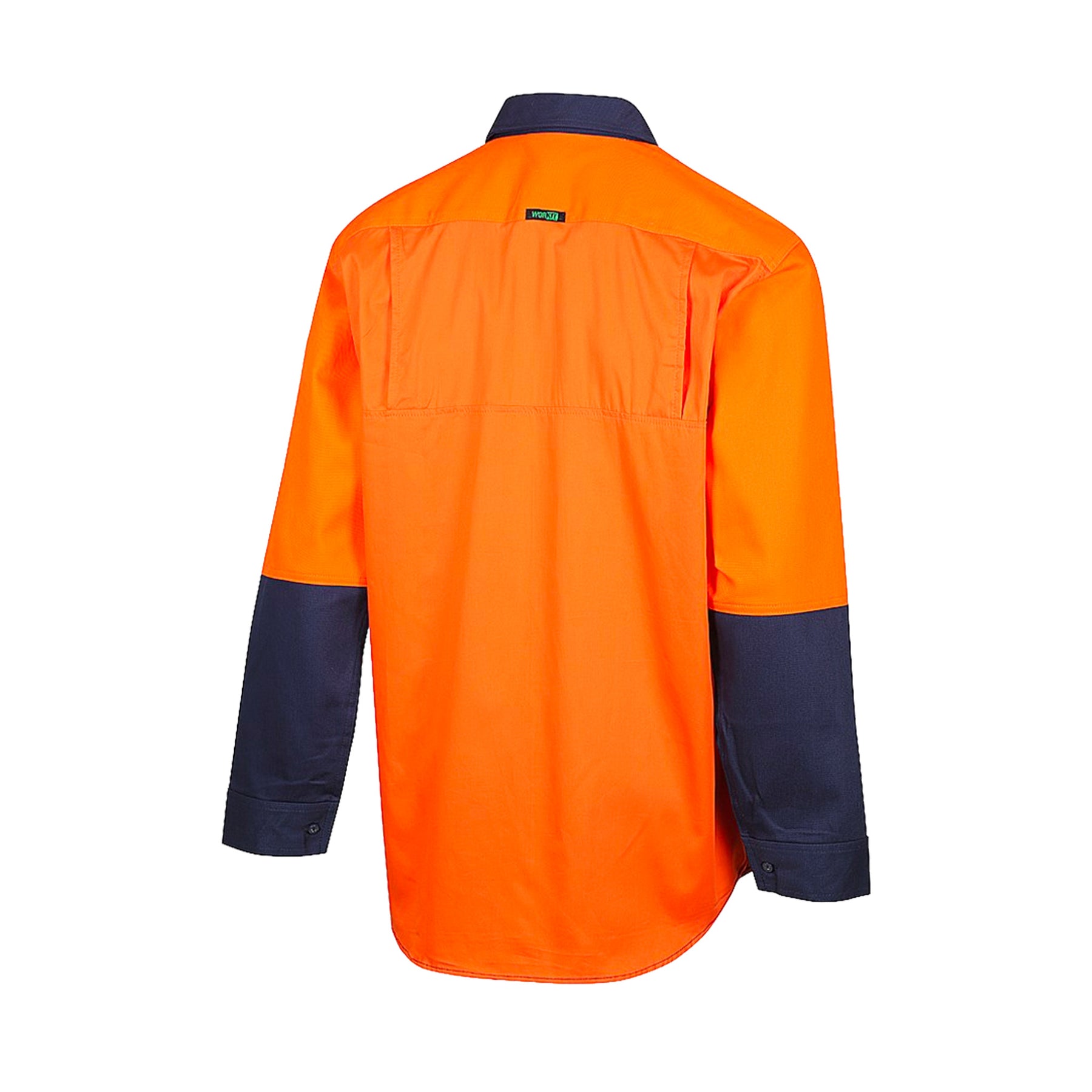 back of hi vis two tone dual weight half closed gusset cuff drill shirt in orange navy