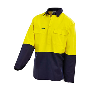 hi vis two tone dual weight half closed gusset cuff drill shirt in yellow navy