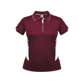 ladies tasman polo in maroon white