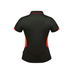 back of ladies tasman polo in slate neon orange