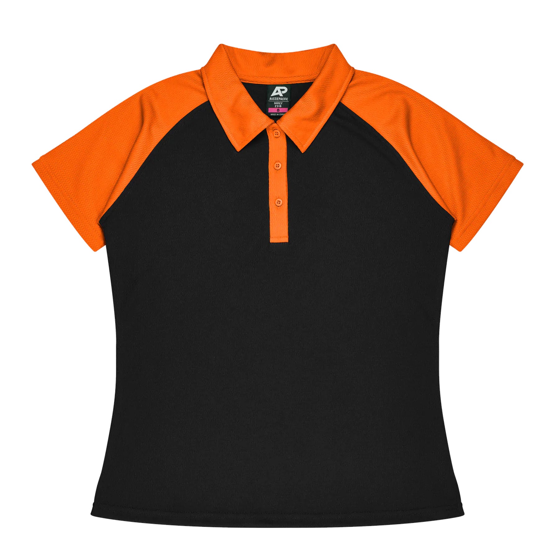 manly ladies polo in black electric orange