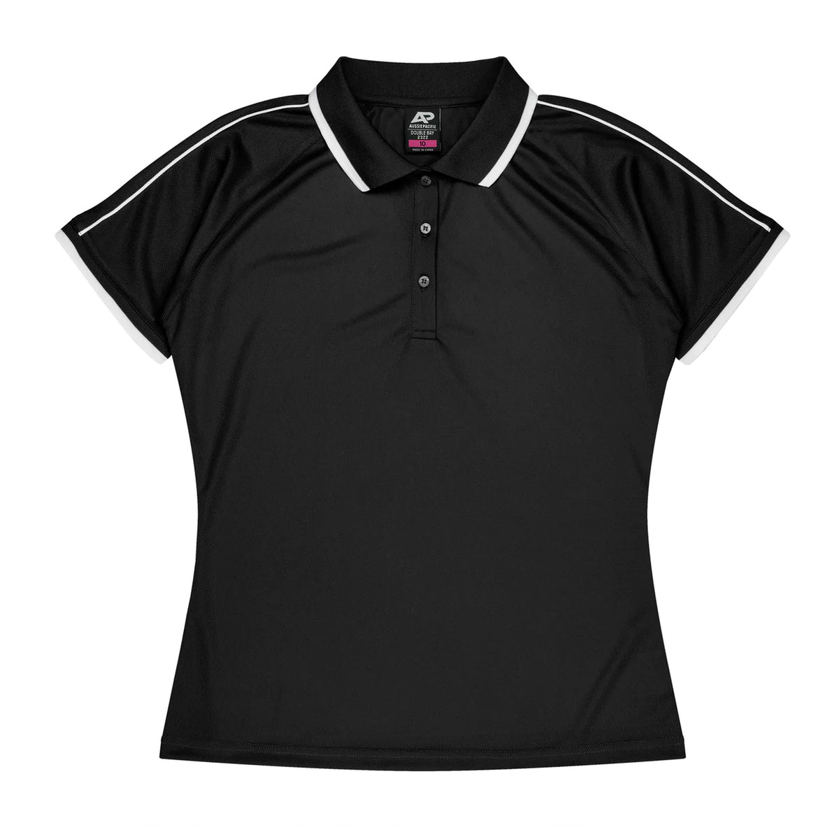 aussie pacific double bay ladies polo in black white