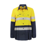 maternity lightweight hi vis two tone long sleeve cotton drill shirt with reflective tape in yellow navy