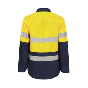 back of maternity lightweight hi vis two tone long sleeve cotton drill shirt with reflective tape in yellow navymaternity lightweight long sleeve shirt in yellow navy