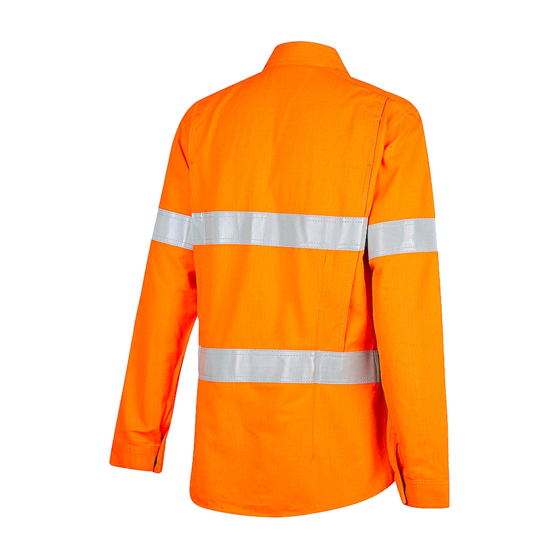back of ladies fire resistant hi vis two tone modacrylic inherent lightweight gusset cuff drill shirt with reflective tape in orange