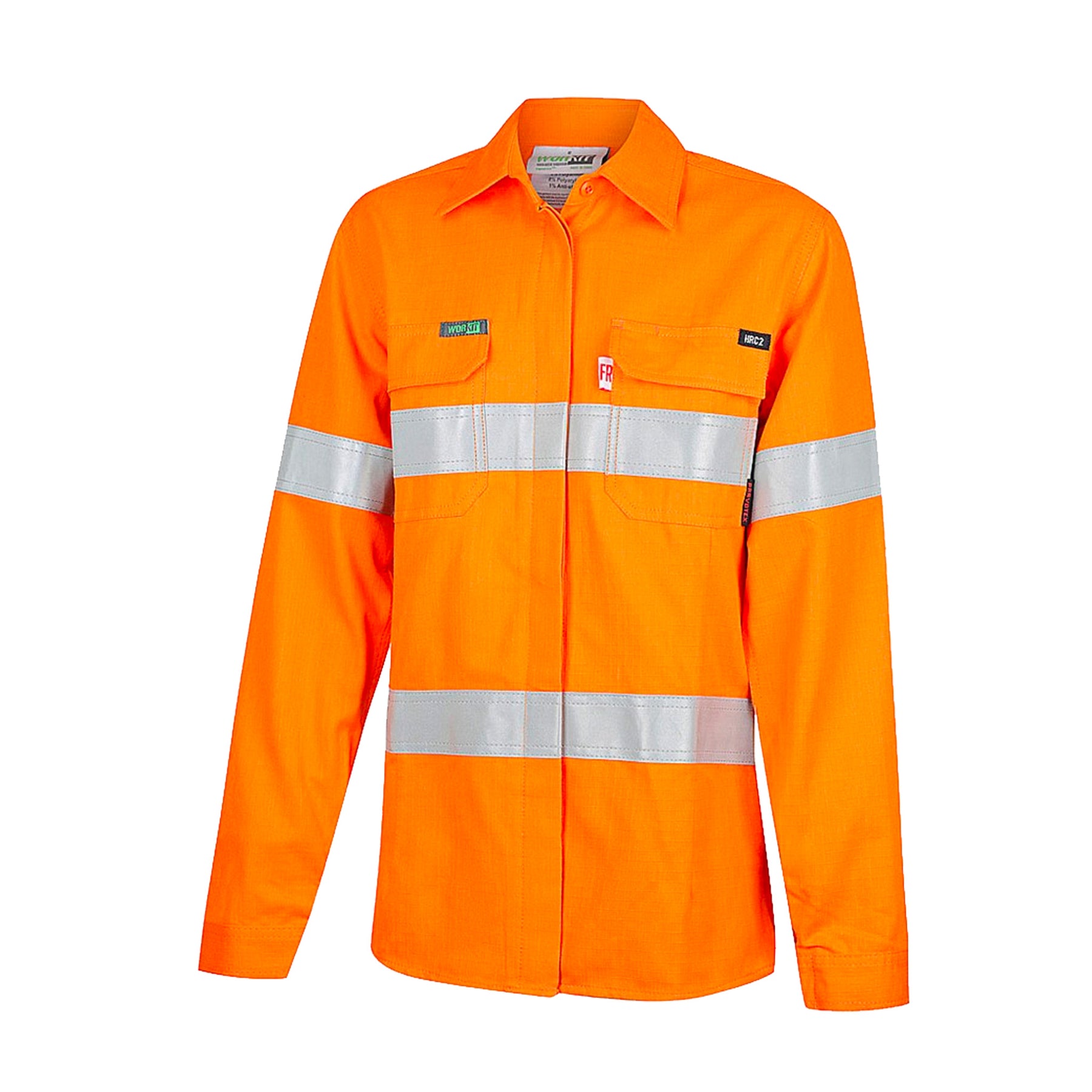 ladies fire resistant hi vis two tone modacrylic inherent lightweight gusset cuff drill shirt with reflective tape in orange