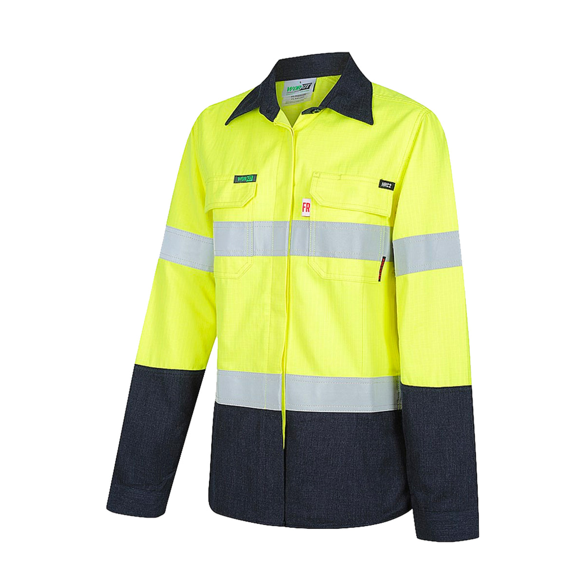 ladies fire resistant hi vis two tone modacrylic inherent lightweight gusset cuff drill shirt with reflective tape in yellow navy 