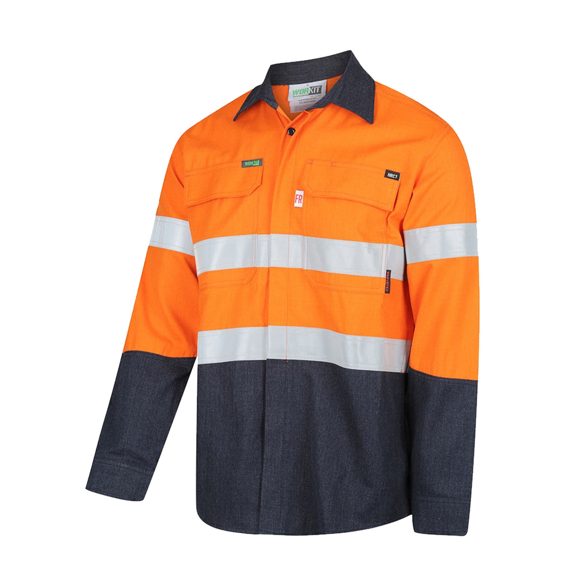 fire retardant hi vis modacrylic inherent lightweight shirt with reflect tape in orange navy