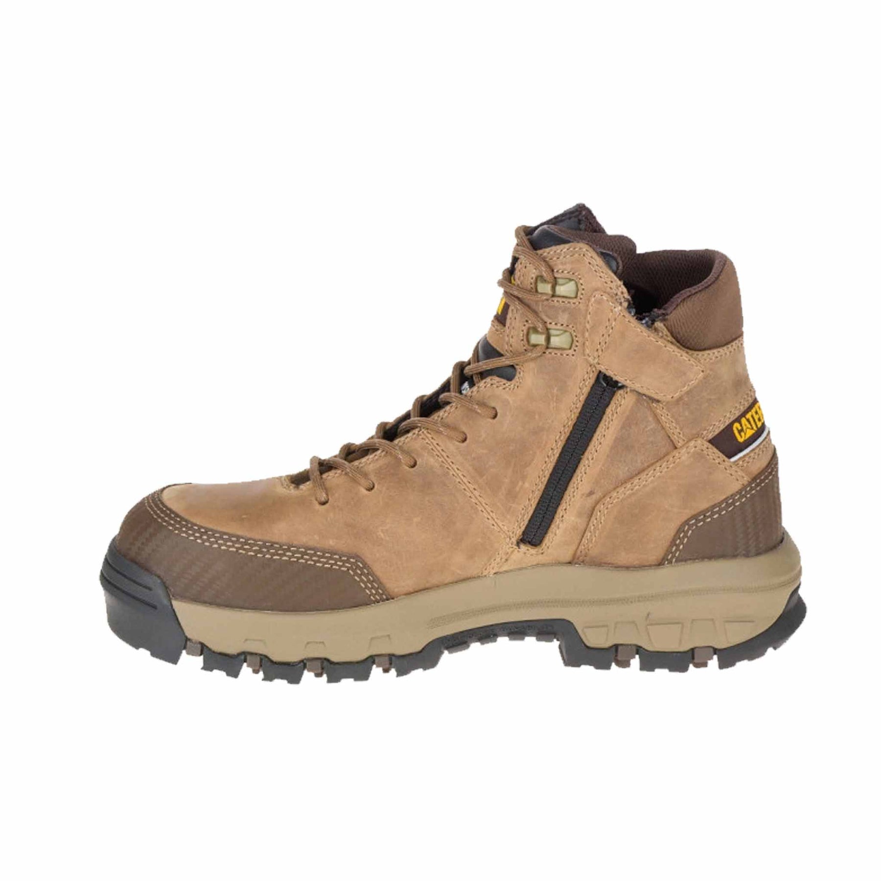 lace up dark beige work boot with composite toe side view