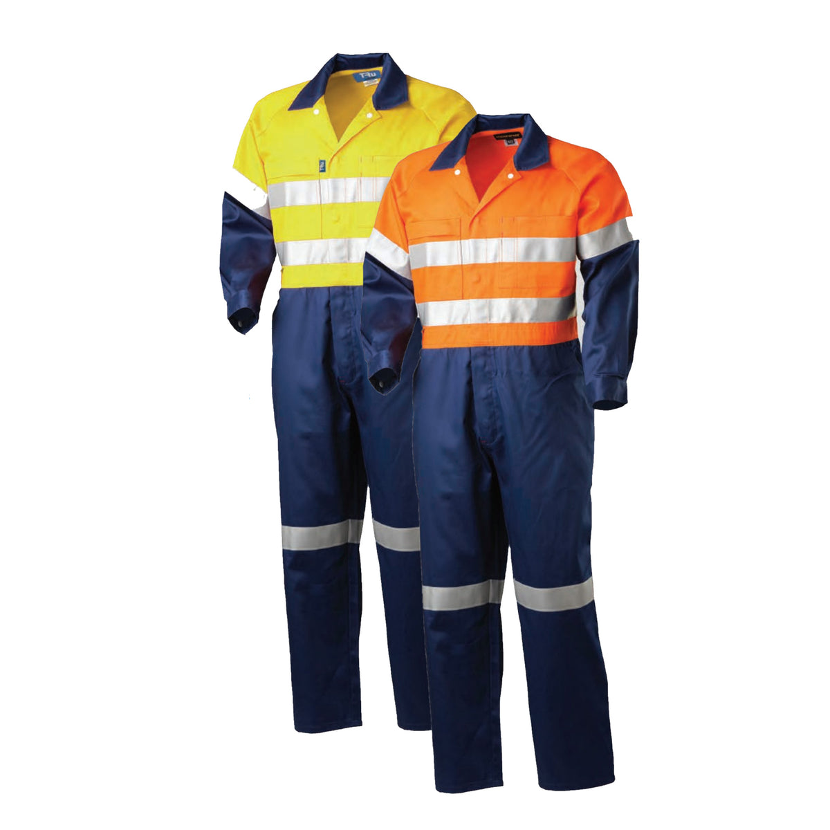 lightweight hi vis cotton overall with 3m tape in orange navy and yellow navy