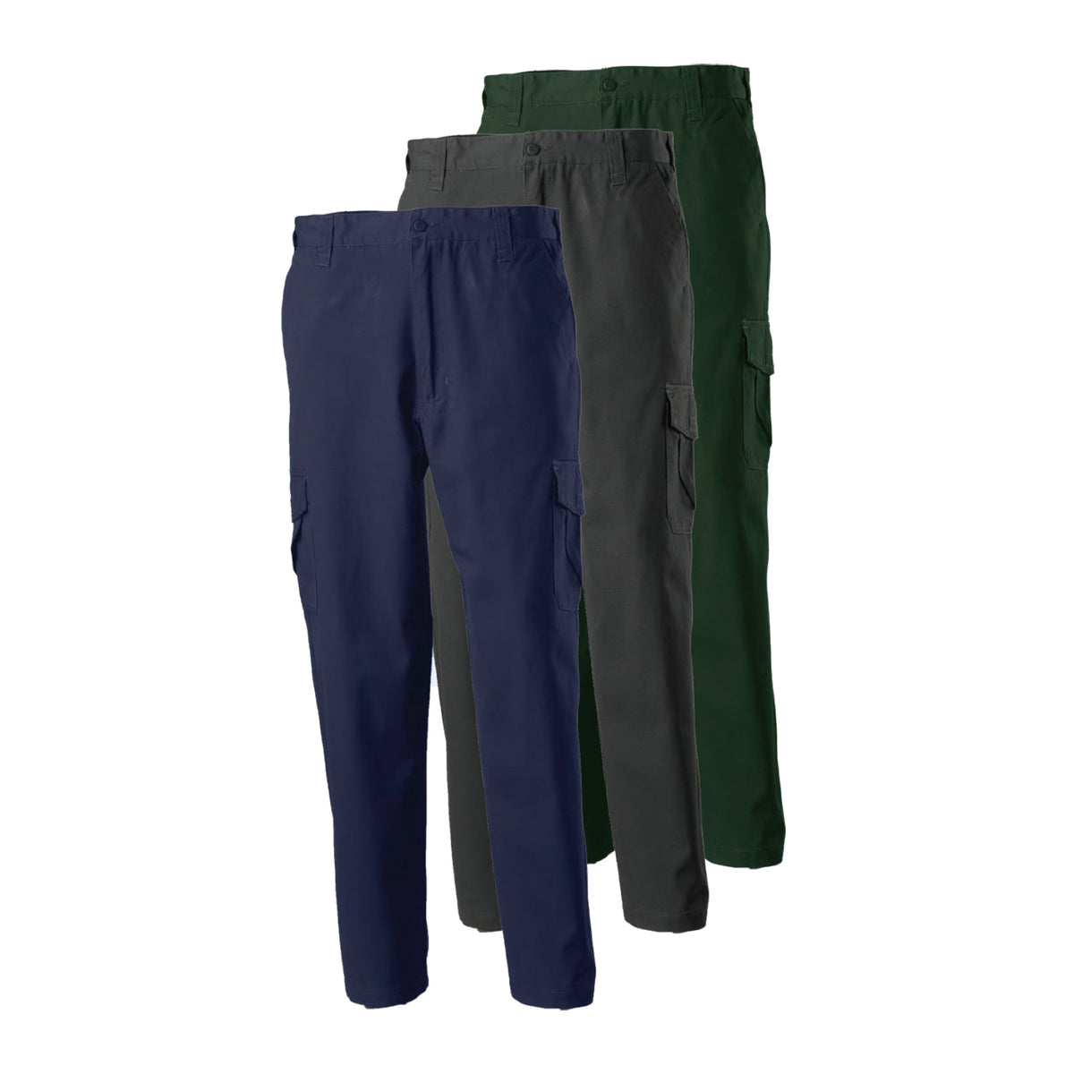 mid weight cotton cargo trousers in navy, green and black