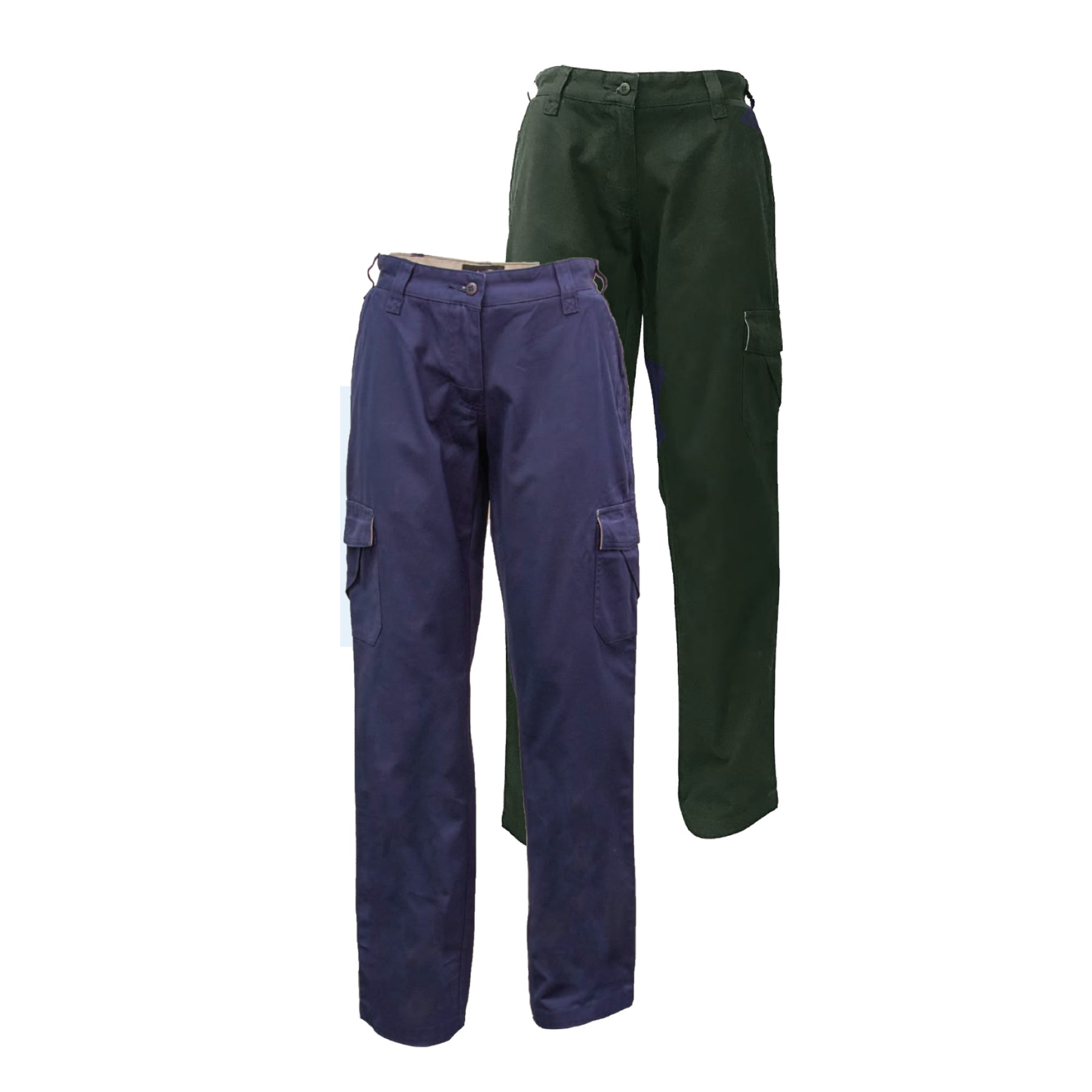mid weight cotton cargo trousers in green and navy