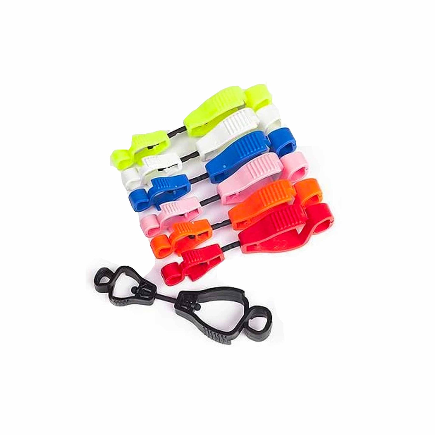 the claw glove clips in black, blue, red, pink, orange, white and yellow