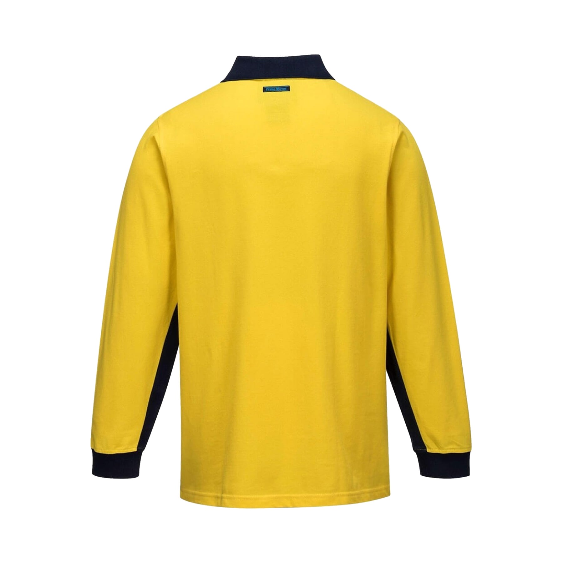 long sleeve cotton polo shirt in yellow navy back view