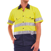 tradie hi vis short sleeve shirt with reflective tape in navy yellow