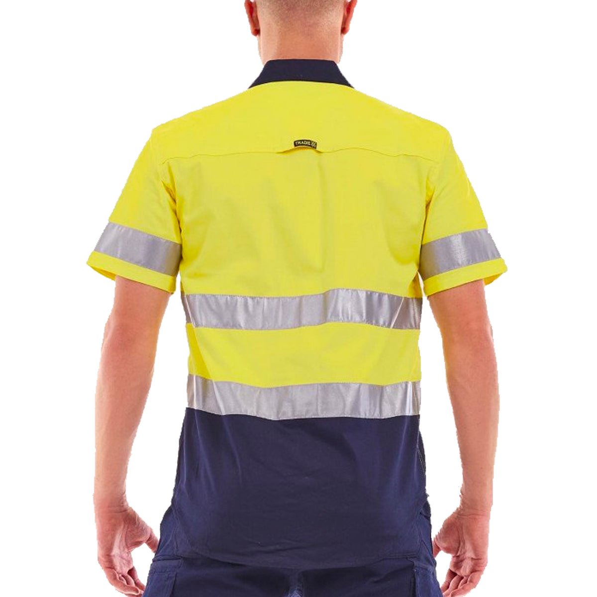 tradie hi vis short sleeve shirt with reflective tape in navy yellow