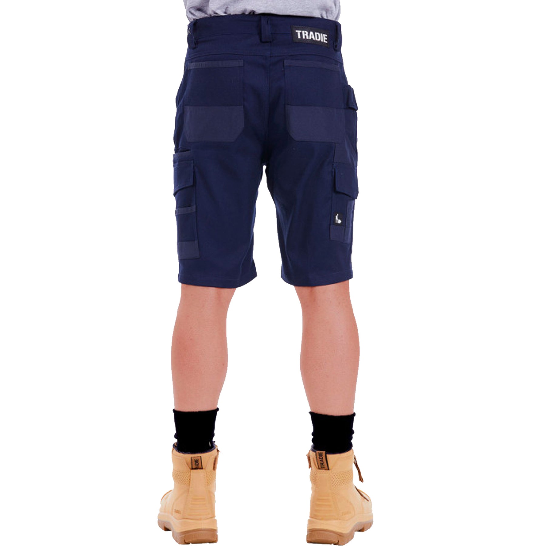back view of tradie slim fit cargo shorts in navy