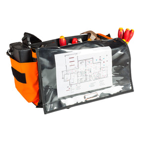 orange/black utility tool bag clear document pocket